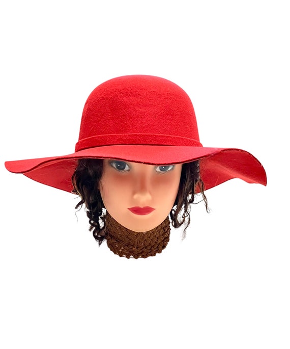 Red Hat Wide Brim Womans 70's Style Red Hat Floppy