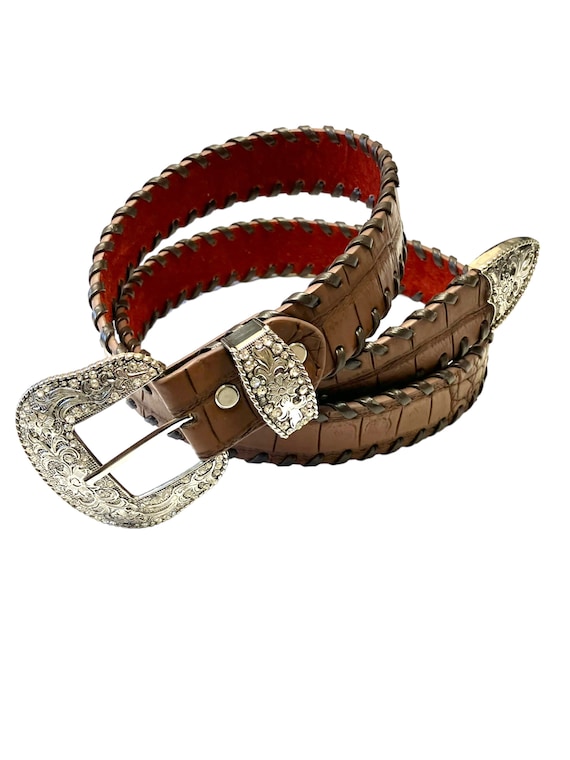 Fancy Western Leather Brown Belt Size XL Bling Bu… - image 1