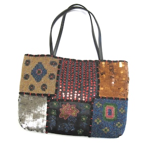 Vintage Beaded Handbag Sequined Purse Black Floral