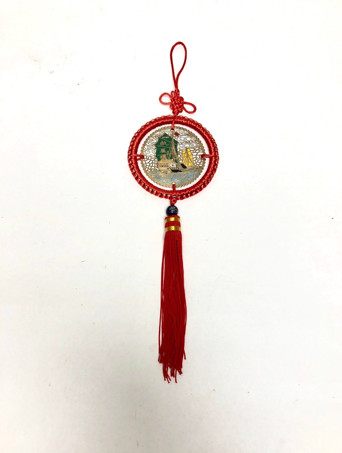 Chinese Red Wall Hanging Tassel With Enameled Medallion Etsy
