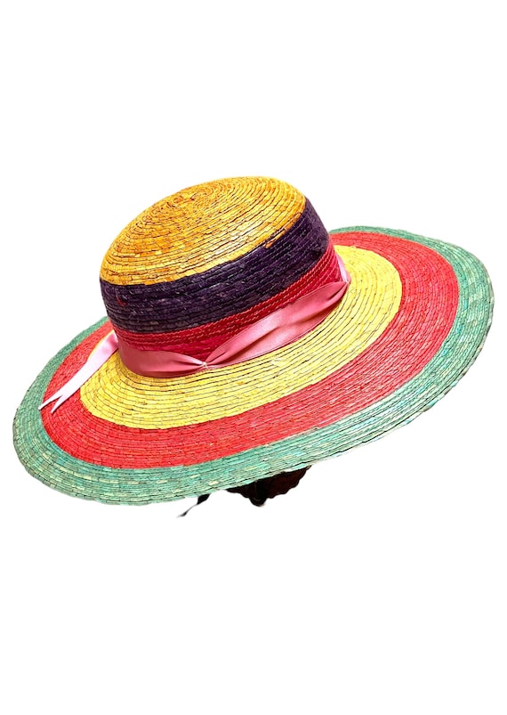 Striped Straw Hat Cloche Millinery Womens Multi C… - image 1
