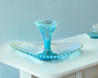 Fostoria Heirloom Small Epergne Aqua Blue 2 Pc Centerpiece