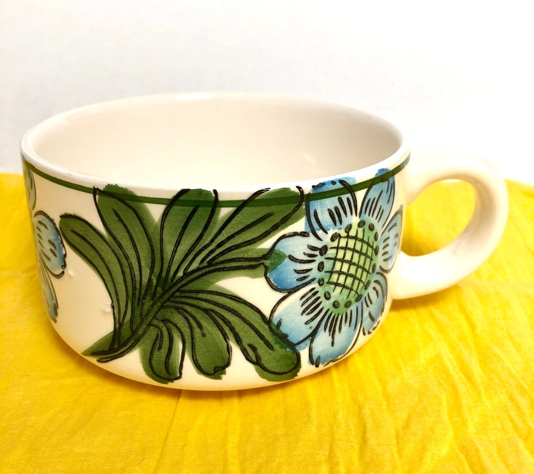 Soup Cup Bowl Blue Flower Ceramic Etsy