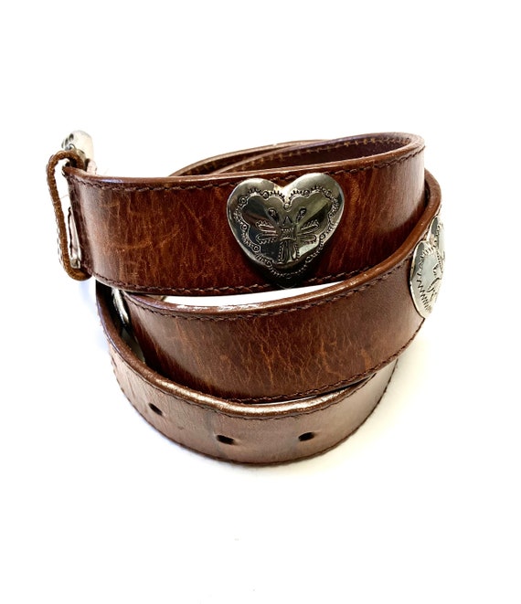 Western Heart Concho Belt Brown Leather Size M Fo… - image 1