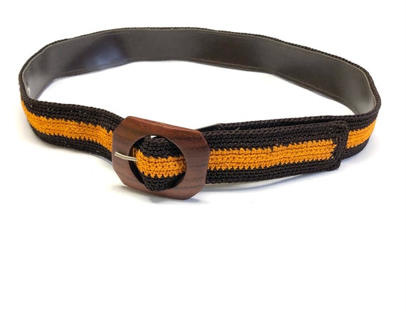 Dark Brown Belt With Gold Fabric Woven Wood Buckl… - image 1