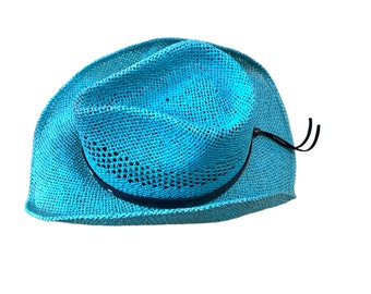 Blue Mesh Cowboy Hat Wide Brimmed Western Breathable Mesh Sun Hat Distressed OSFM