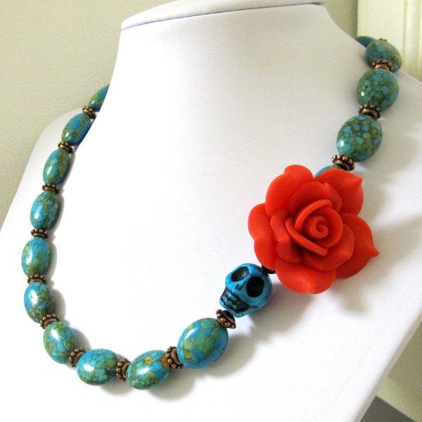Skull Necklace Red Rose Day of the Dead Sugar Skull Necklace Mosaic Turquoise Blue