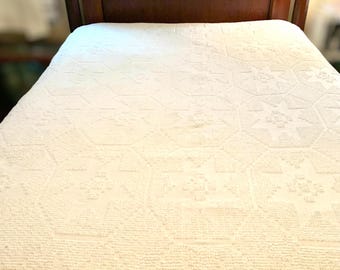 Vintage White Chenille Bedspread with Fringe: Shabby Granny Core Cotton Coverlet (78" x 100")