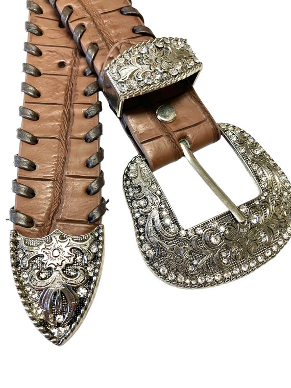 Fancy Western Leather Brown Belt Size XL Bling Bu… - image 3