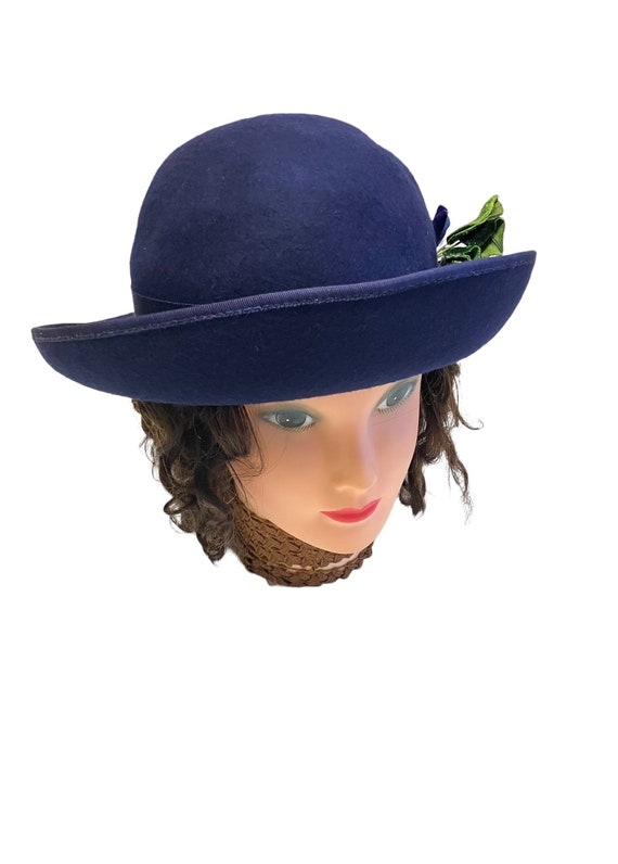 Vintage Blue Wool Hat Curled Brim Boater