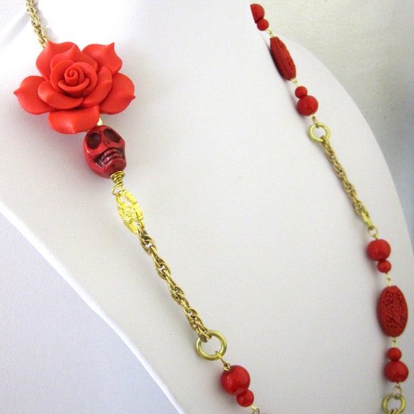 Sugar Skull Day Of The Dead Necklace Red Cinnibar & Gold Jewelry