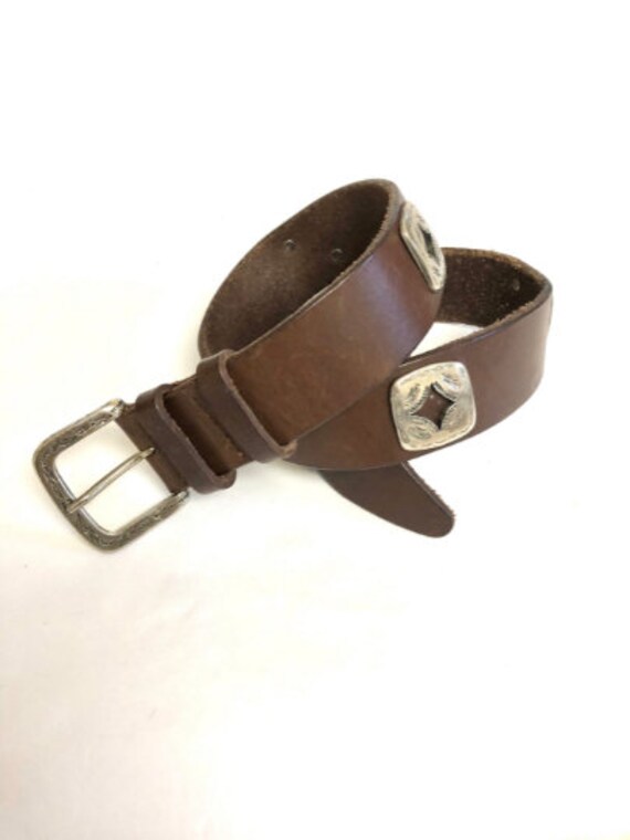 Dark Brown Leather Concho Belt Western Belt Silve… - image 2