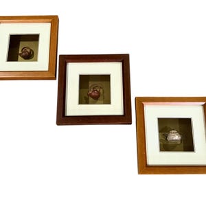 May include: Three square shadow box frames with wooden borders, each containing a miniature teapot. The left frame is light wood, the center is dark wood, and the right is medium wood. Each teapot is centered on a dark background with white matting.