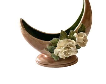 Crescent Moon Vase With Raised White Roses Ceramic Vintage Statement Mantle Vase 1940's