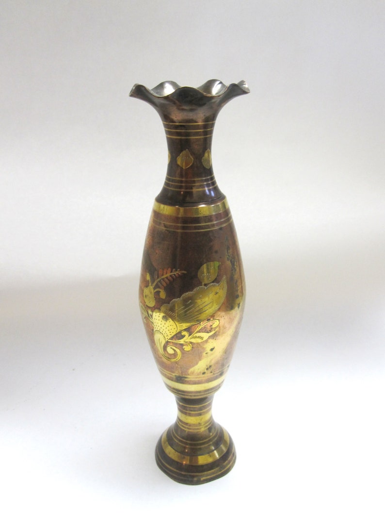Oriental Brass and Copper Vase Inlaid Large Asian Vase