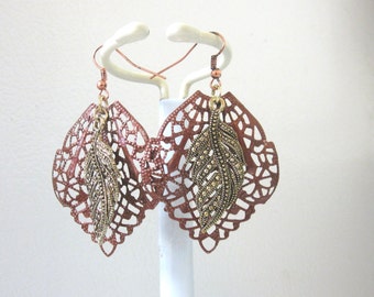 Copper Leaf  Earrings Mixed Metal Shimmering Feather Jewelry