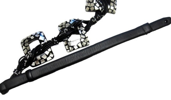 Black Leather Belt Beaded Mother Of Pearl Inlaid … - image 5