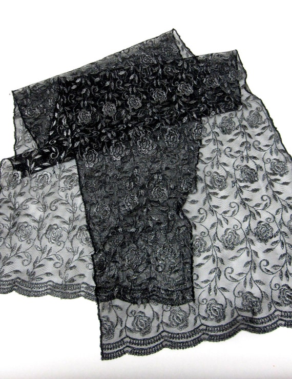 Large Vintage Black Lace Shawl Silver Rose Shoulder Wrap Head