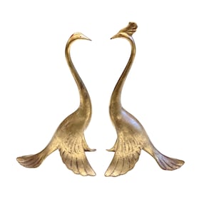 May include: Two vintage brass bird figurines. The birds have long, curved necks and detailed wings. One bird has a crest. The brass has a warm, aged patina. The birds are facing each other.