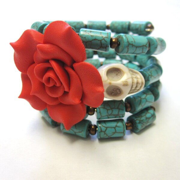 Rockabilly Classic Day of the Dead Bracelet Sugar Skull Wrap Cuff Turquoise Blue Red Rose White