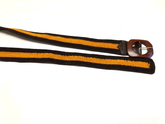 Dark Brown Belt With Gold Fabric Woven Wood Buckl… - image 3
