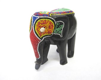 Beaded Vintage Elephant Figurine Black Wood Hand Carved