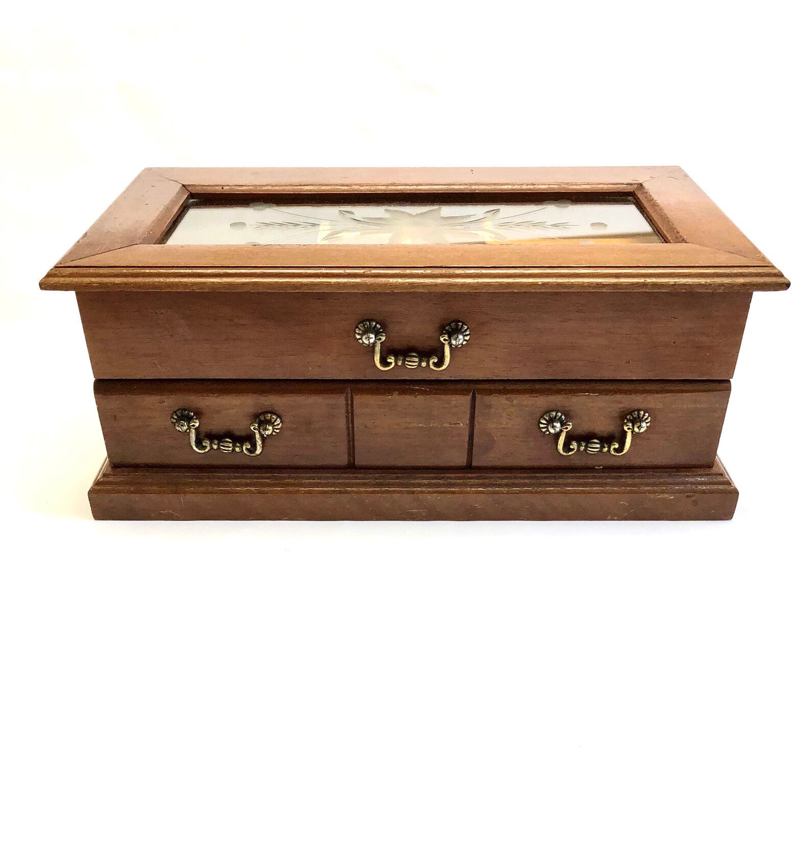 Wood Jewelry Box Etched Glass Top Etsy