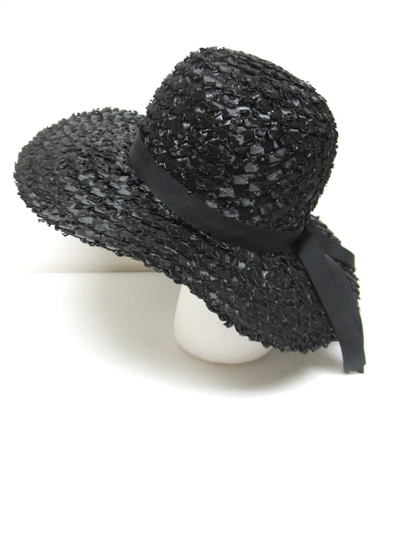 Wide Brimmed Floppy Black Hat Straw Vintage Valeri