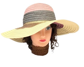 Striped Natural Wide Brimmed Floppy Hat Millinery Women's Sun Hat