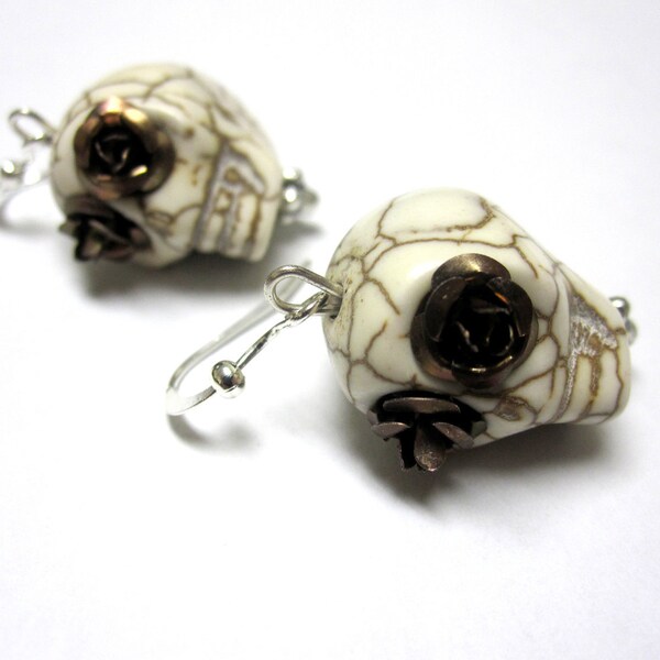 White Sugar Skull Earrings Day of the Dead Jewelry Mocha Brown Roses