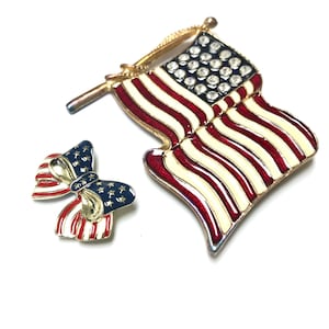 American Flag Pin Set of Two Red White And Blue Flag Enameled Rhinestones