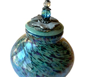 Ornamental Peacock Colored Jar Art Glass Handmade Signed Dated