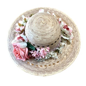 Vintage Straw Hat Sun Hat Womens Hat Wide Brim Boater Summer Hat Flowered