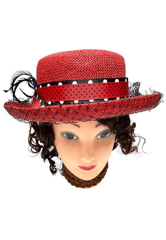 Red Wide Brimmed Hat Boater Straw Millinery Womens