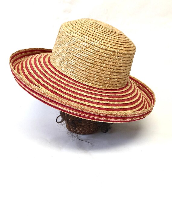 Wide Brimmed Straw Hat Rolled Brim Red Boater Sun 