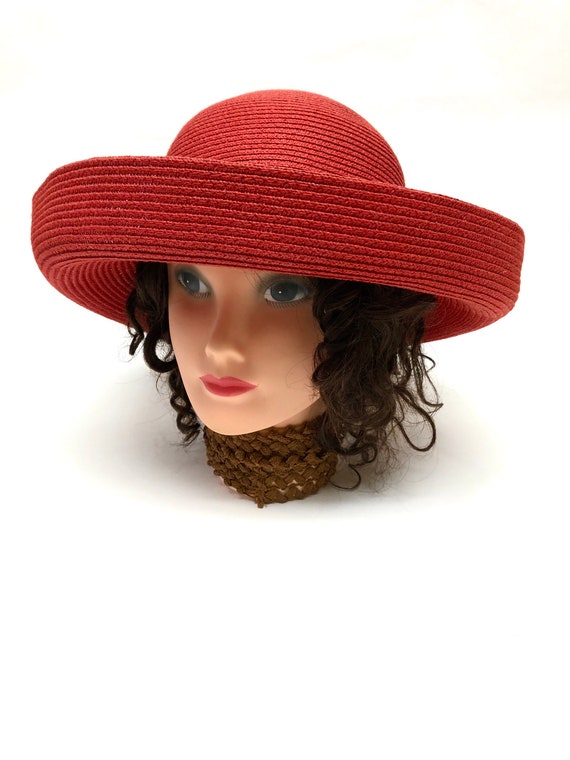 Red Wide Brimmed Hat Boater Straw Betmar Millinery