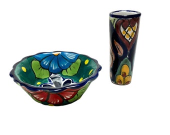 Mexican Talavera Pottery Bowl / Ring Dish And Vase