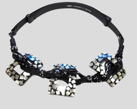 Black Leather Belt Beaded Mother Of Pearl Inlaid … - image 1