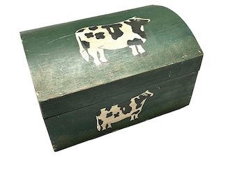 Vintage Folk Art Cow Domed Box Hand Painted Wood Rustic Cottage Core Hinged Lid