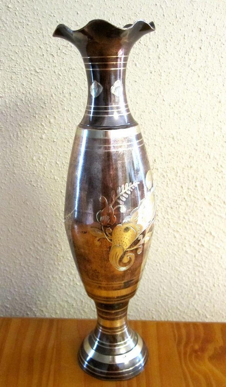 Oriental Brass and Copper Vase Inlaid Large Asian Vase