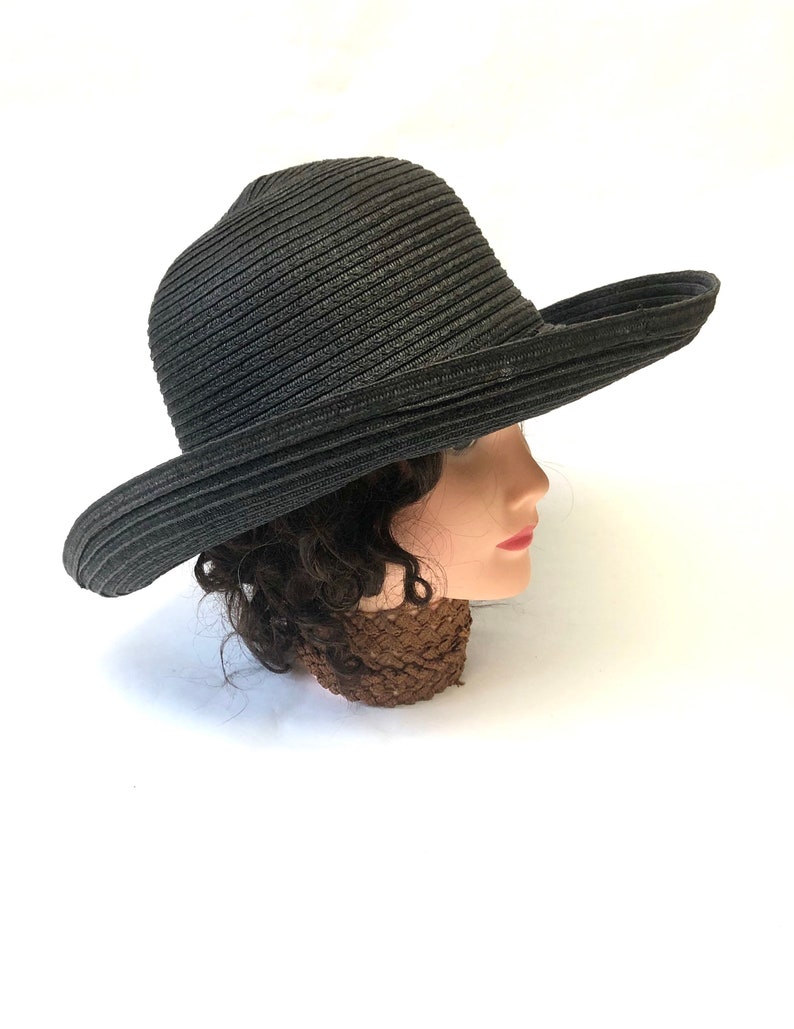 Wide Brimmed Straw Hat Rolled Brim Black Boater Sun Hat Garden Hat