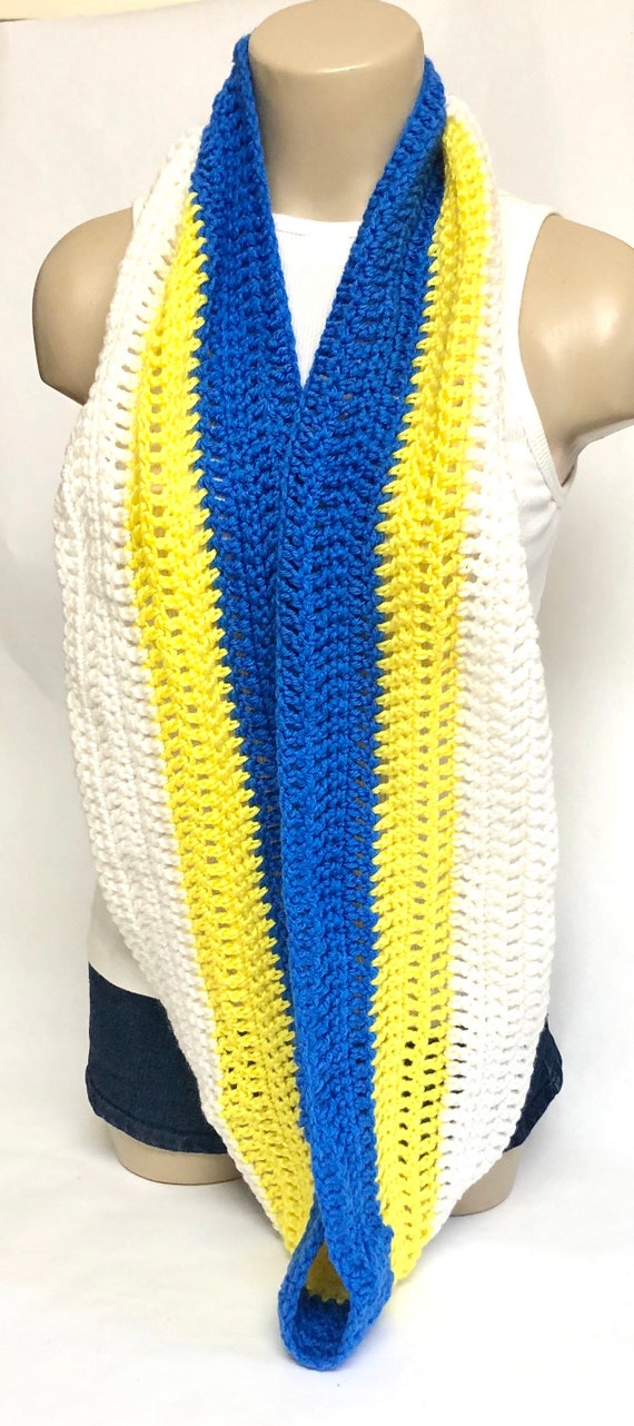 Knitted Infinity Scarf Blue Yellow And White Winte