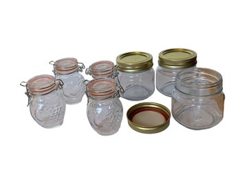 7 Canning Jars Crafts Glass 4oz and 1 Cup Screw Top and Bail Wire Swing Top Fruit Embossed