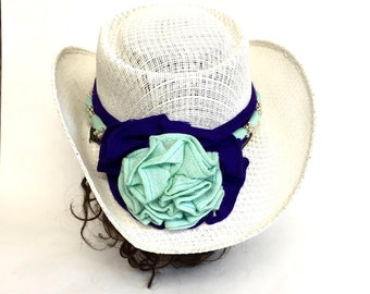 White Cowboy Hat Wide Brimmed Western Breathable Mesh Sun Hat Flower