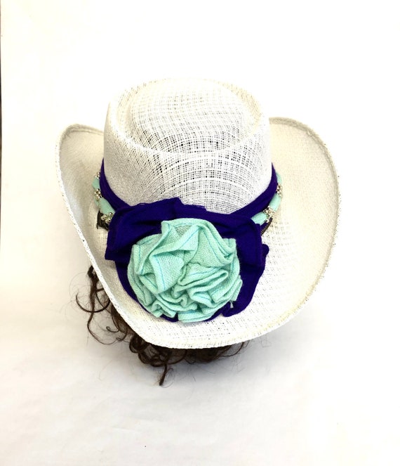 White Cowboy Hat Wide Brimmed Western Breathable Mesh Sun Hat Flower 