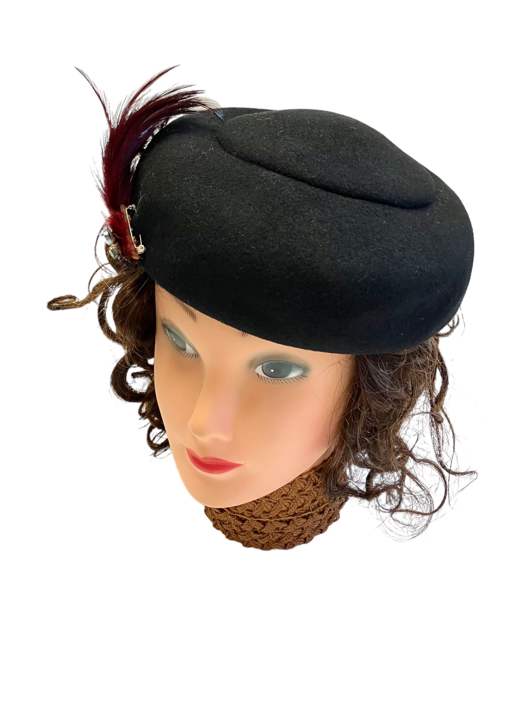 Vintage 50-60s Jan Leslie Elegant Small Hat Black Straw Satin Bow Size 22 1/2\