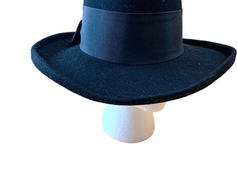 Wide Brimmed Black Wool Hat Rolled Brim Boater Michelle McGann Wide Ribbon Band