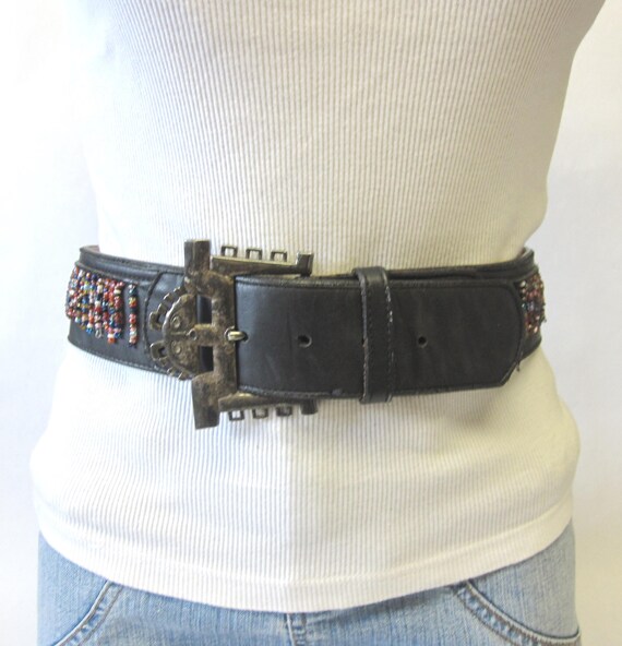 Vintage Black Leather Belt Wide Beaded Catherine … - image 1