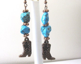 Cowboy Boot Earrings Western Jewelry Turquoise Blue Copper Cowgirl