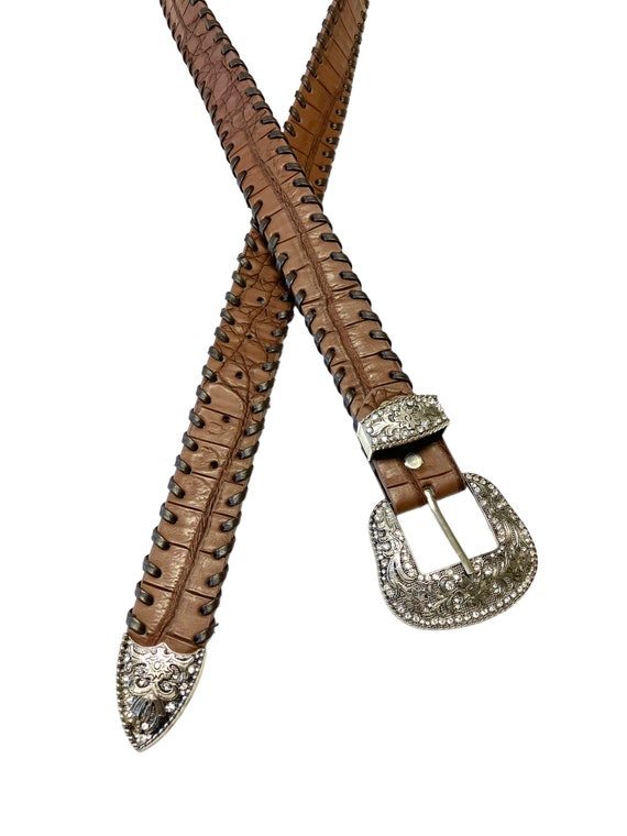 Fancy Western Leather Brown Belt Size XL Bling Bu… - image 2